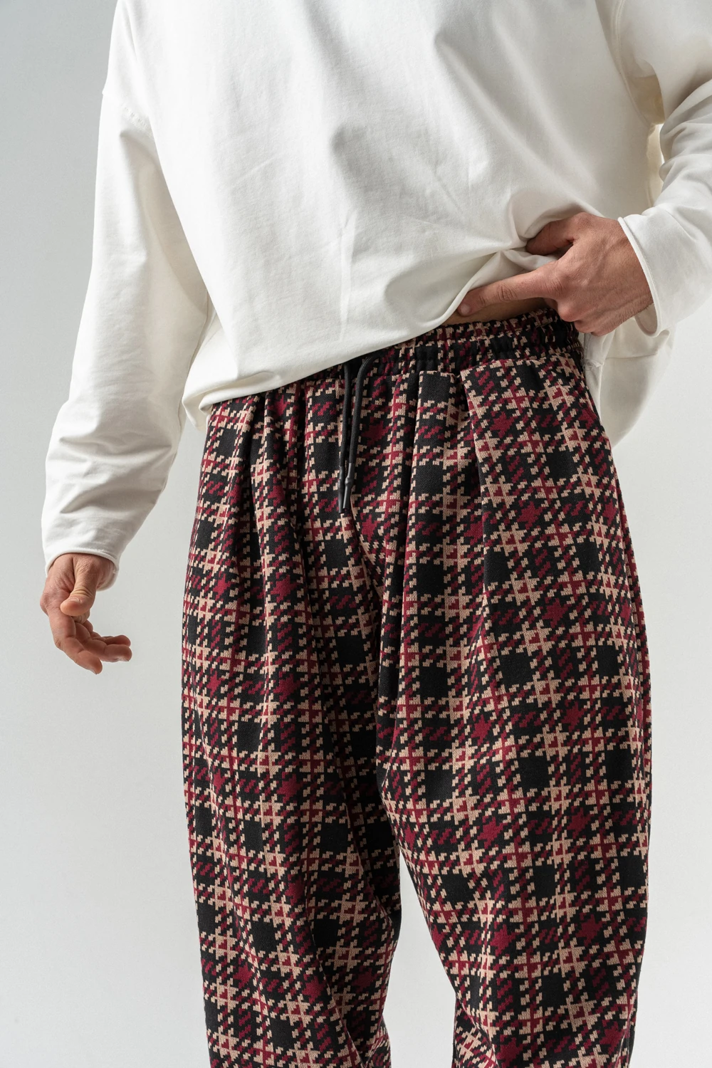 Plaid Bel ve Paça Lastikli Pileli Şalvar