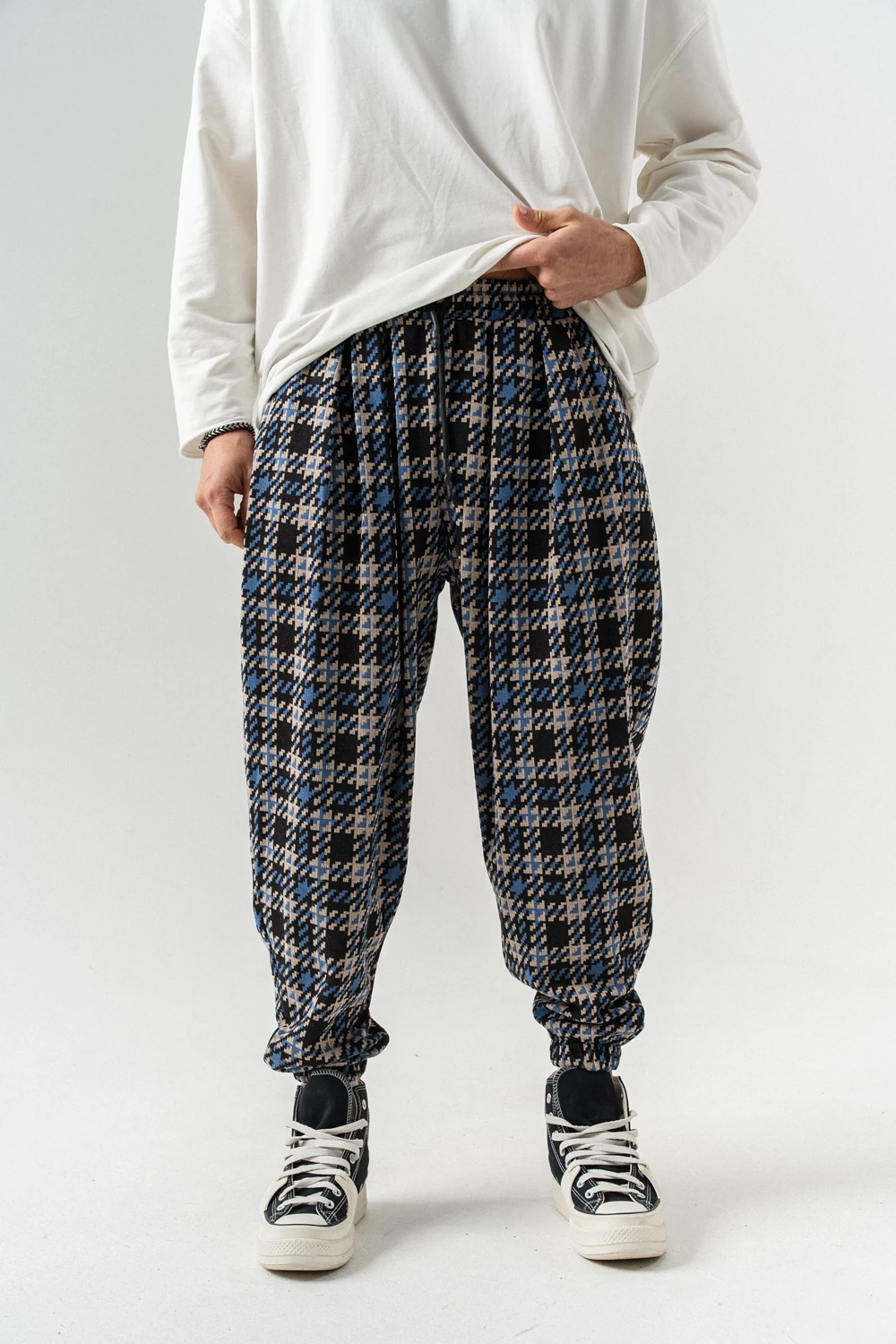 Plaid Bel ve Paça Lastikli Pileli Şalvar - Mavi