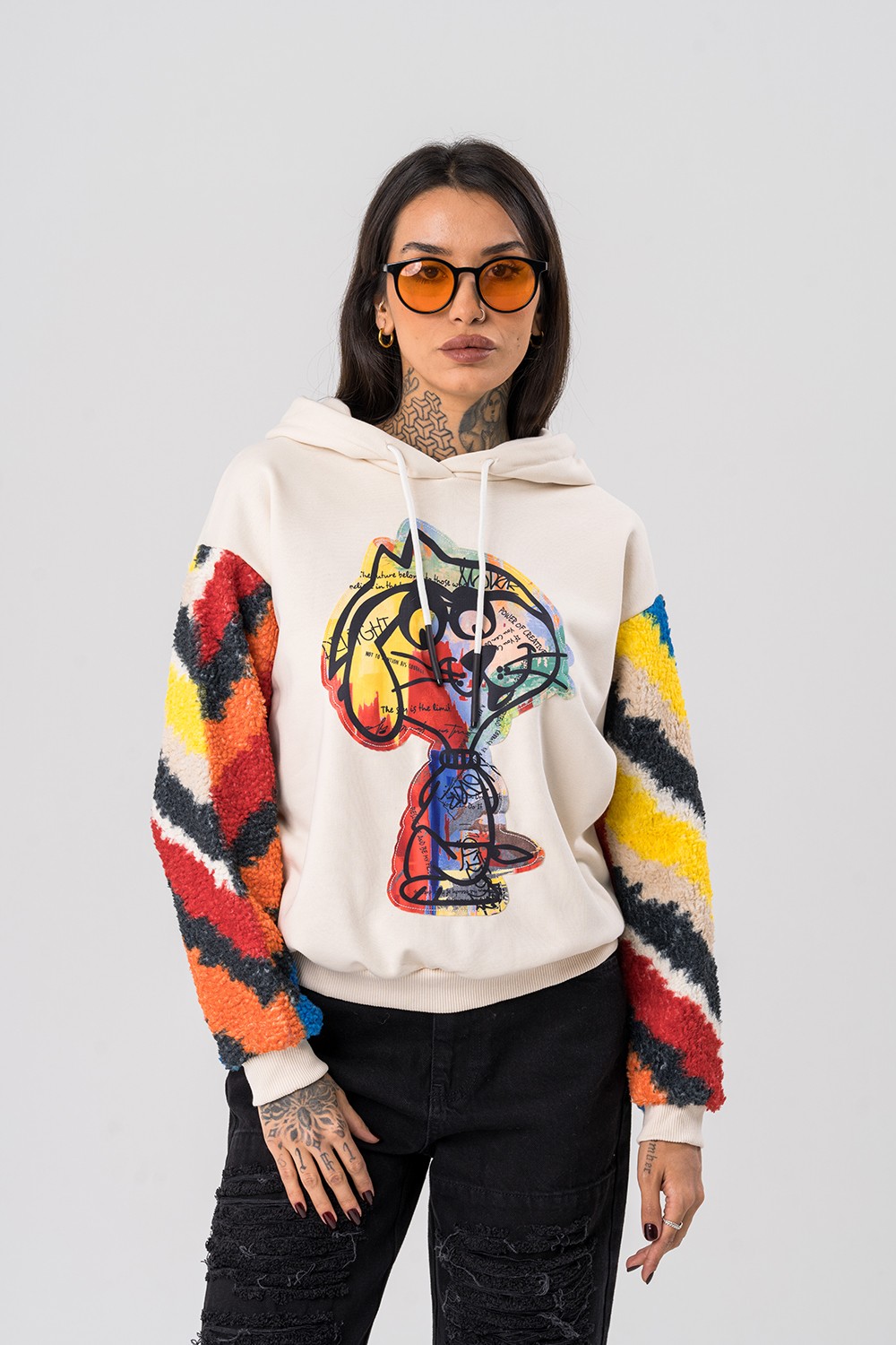 Snoopy Peluş Detaylı Kapüşonlu Kadın Sweatshirt - Ekru