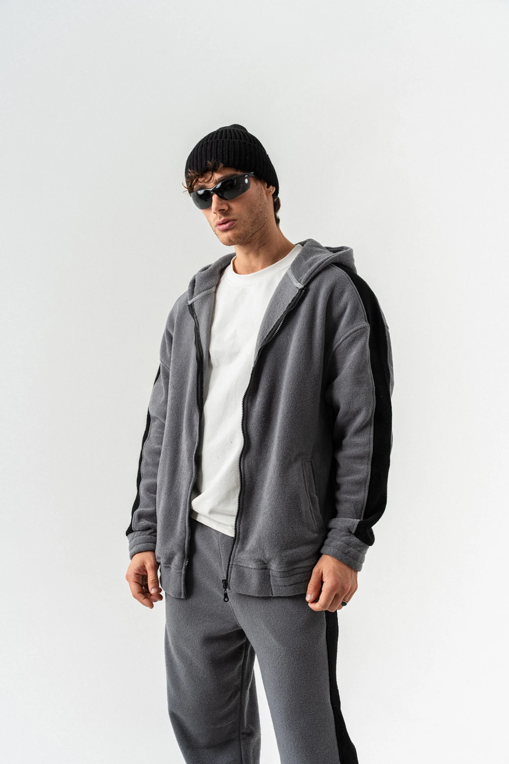 Nova Havlu Kumaş Fermuarlı Sweatshirt Hoodie Eşofman Takımı - Antrasit