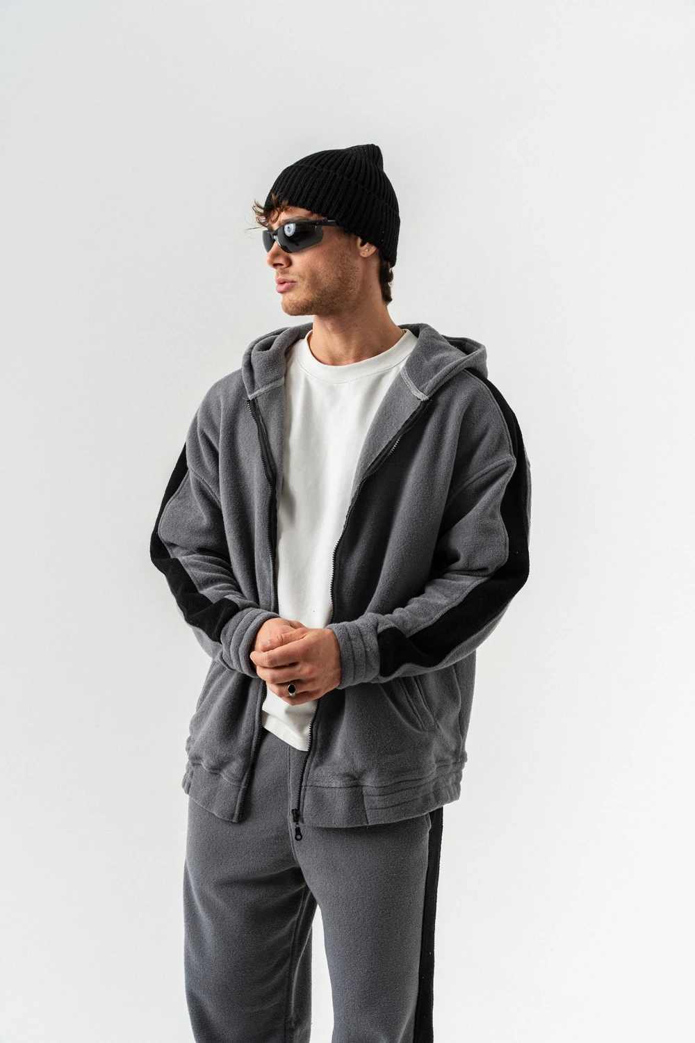 Nova Havlu Kumaş Fermuarlı Sweatshirt Hoodie Eşofman Takımı - Antrasit