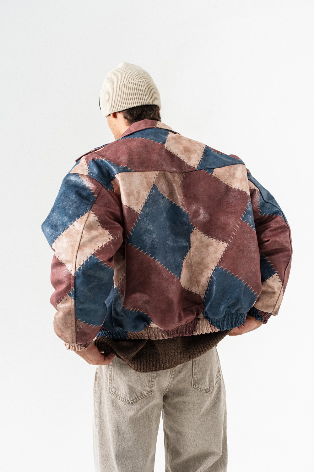 Patch Pattern Dikiş Desenli Deri Bomber Mont