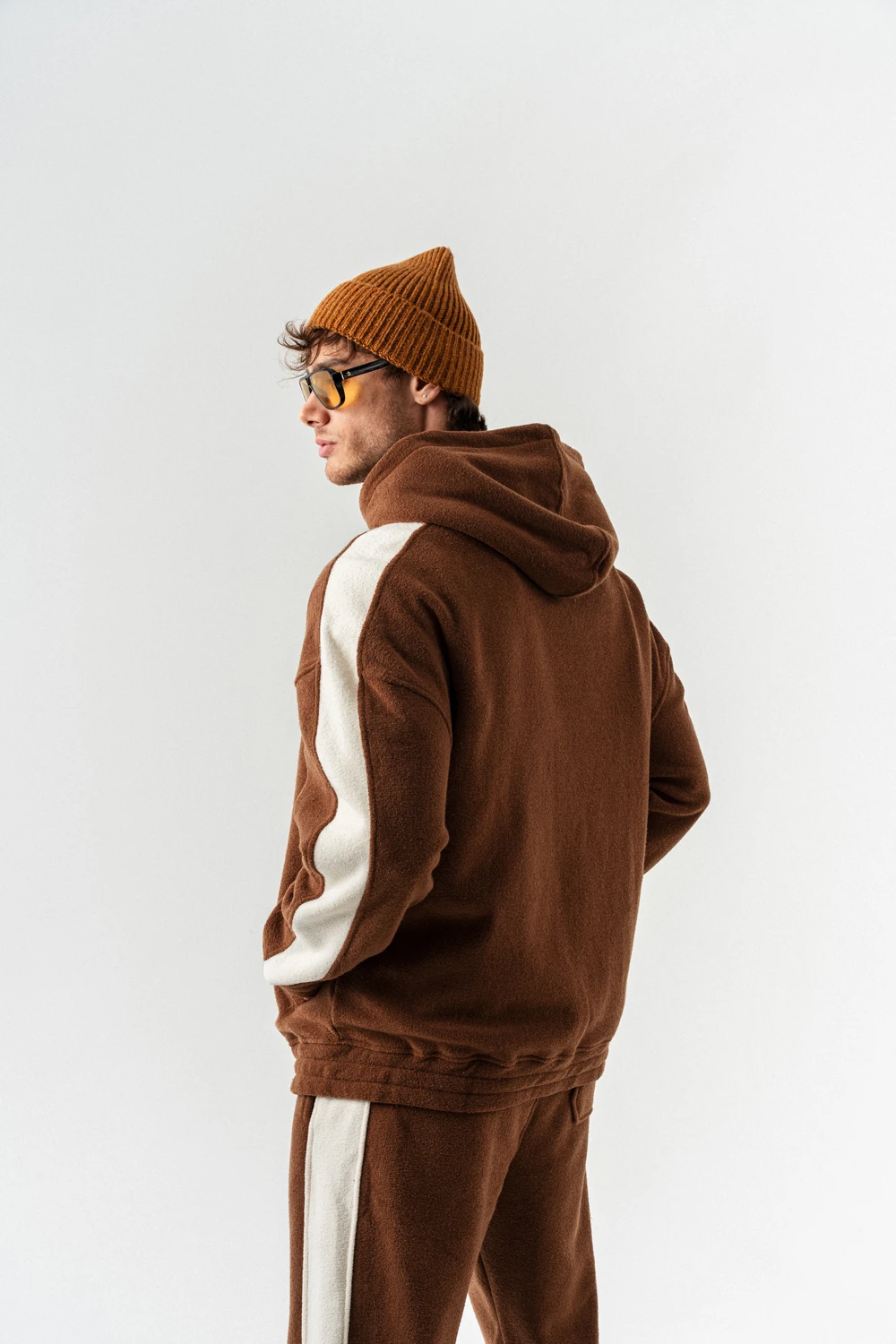 Nova Havlu Kumaş Fermuarlı Sweatshirt Hoodie Eşofman Takımı - Kahverengi