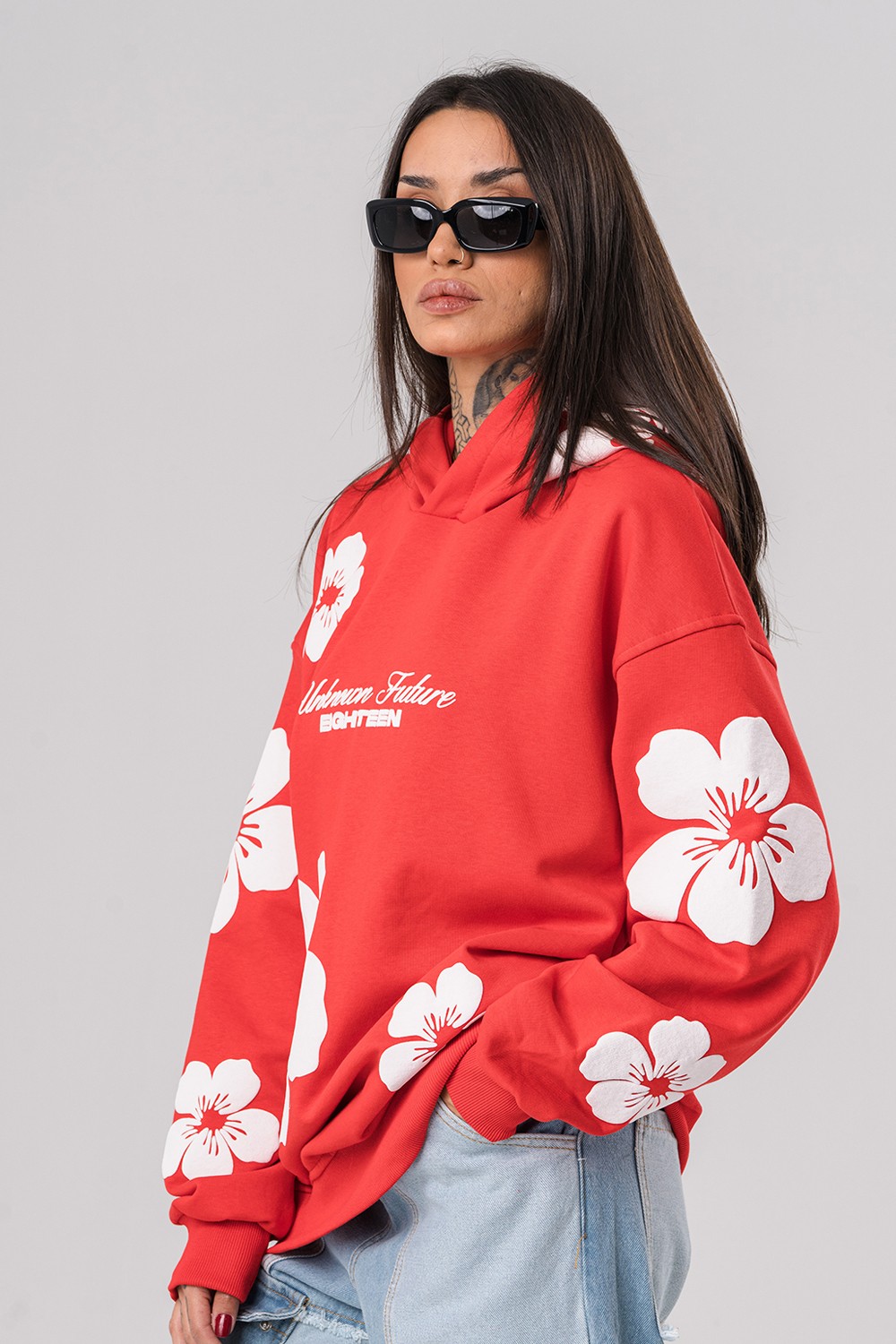 Flowers Kabartma Baskılı Şardonlu Kapüşonlu Sweatshirt