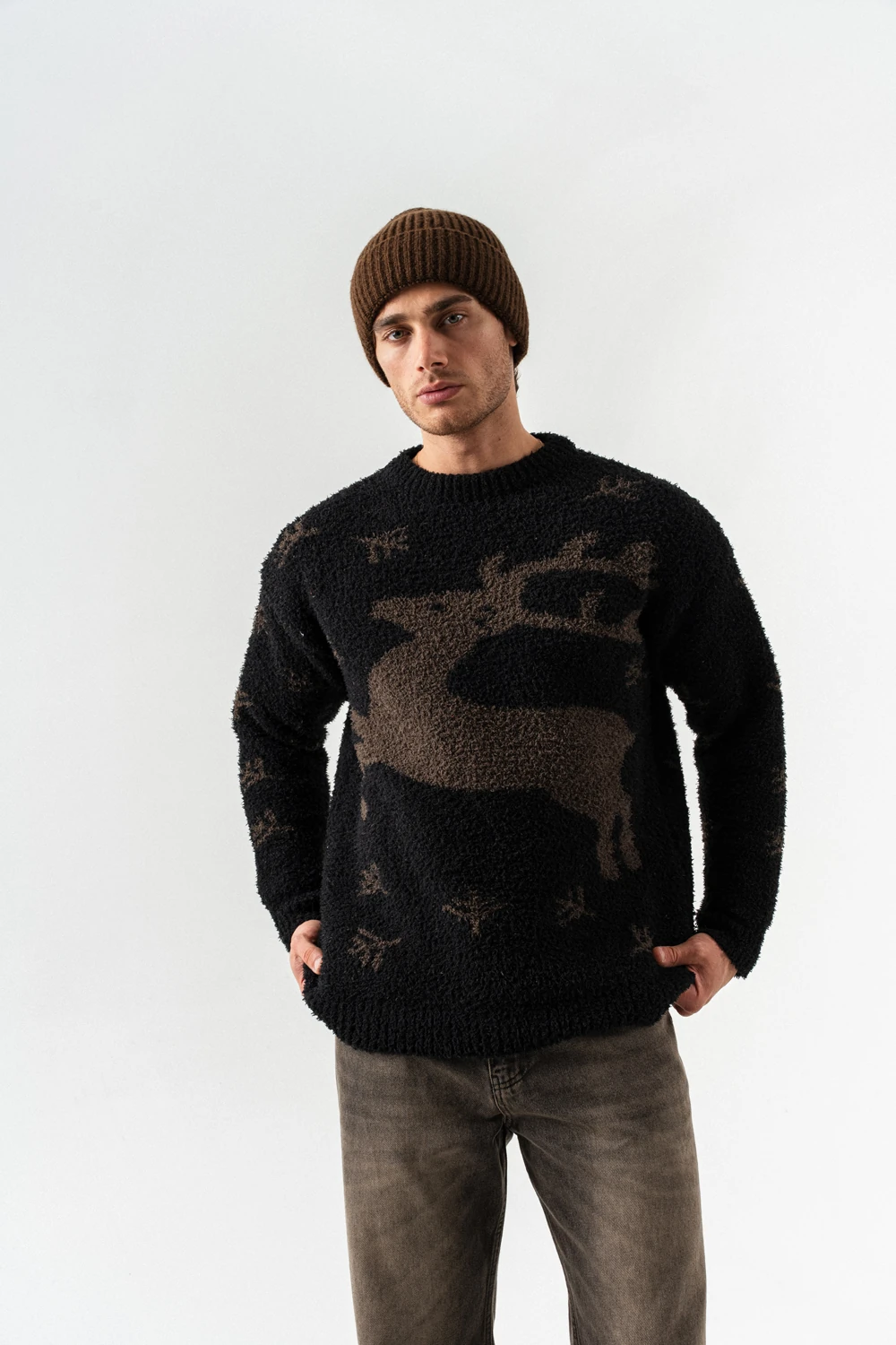 Deer Bisiklet Yaka Teddy Kumaş Kazak