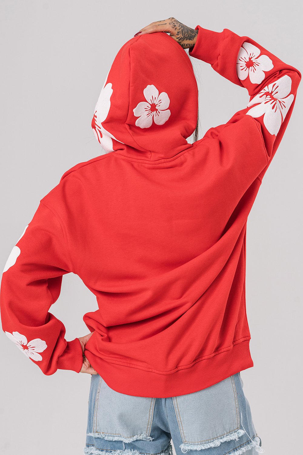 Flowers Kabartma Baskılı Şardonlu Kapüşonlu Sweatshirt