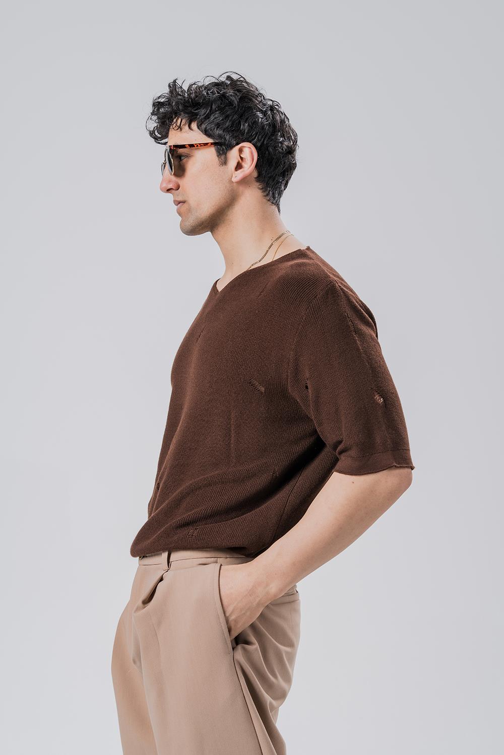 Riccardo Kahve Sökme Detay V Yaka Triko T-shirt