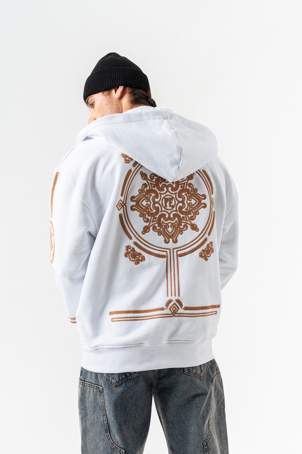 Overtone Nakış Detay Fermuarlı Sweatshirt Hoodie - Beyaz