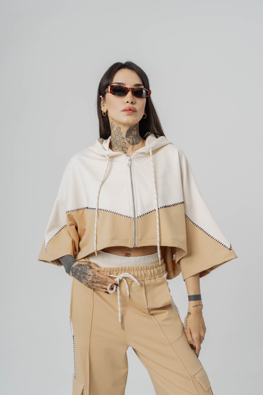 Seam Patched Crop ve Kapüşonlı Kadın T-shirt 2'li Set