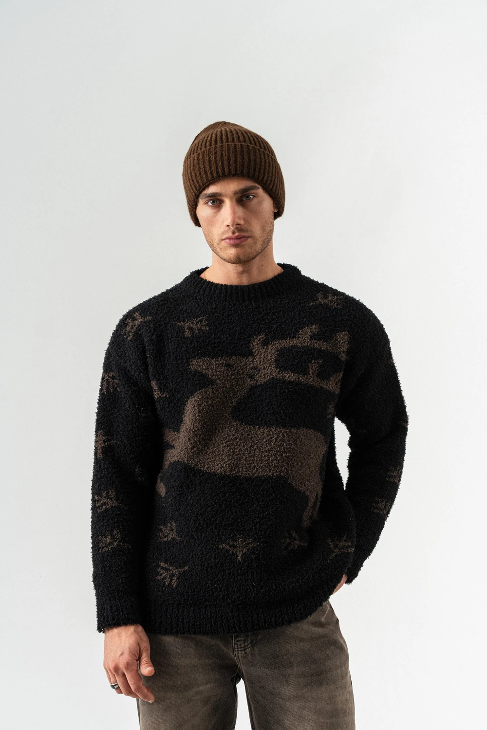 Deer Bisiklet Yaka Teddy Kumaş Kazak