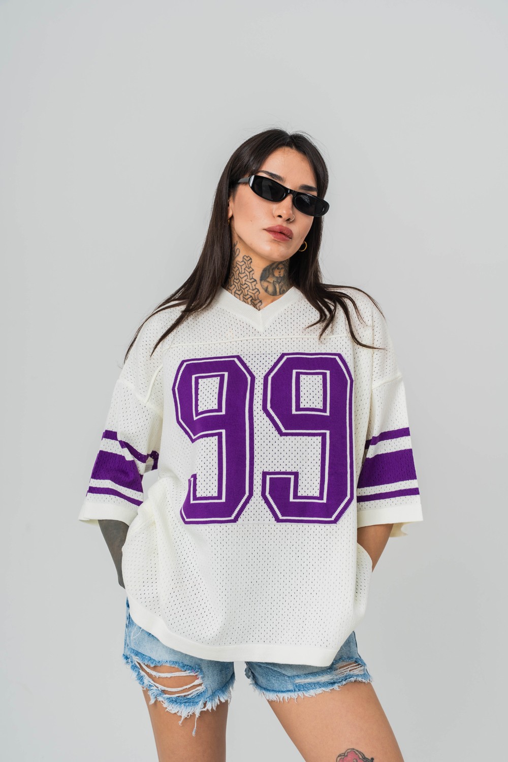 99 Knit Oversize Triko T-shirt - Beyaz