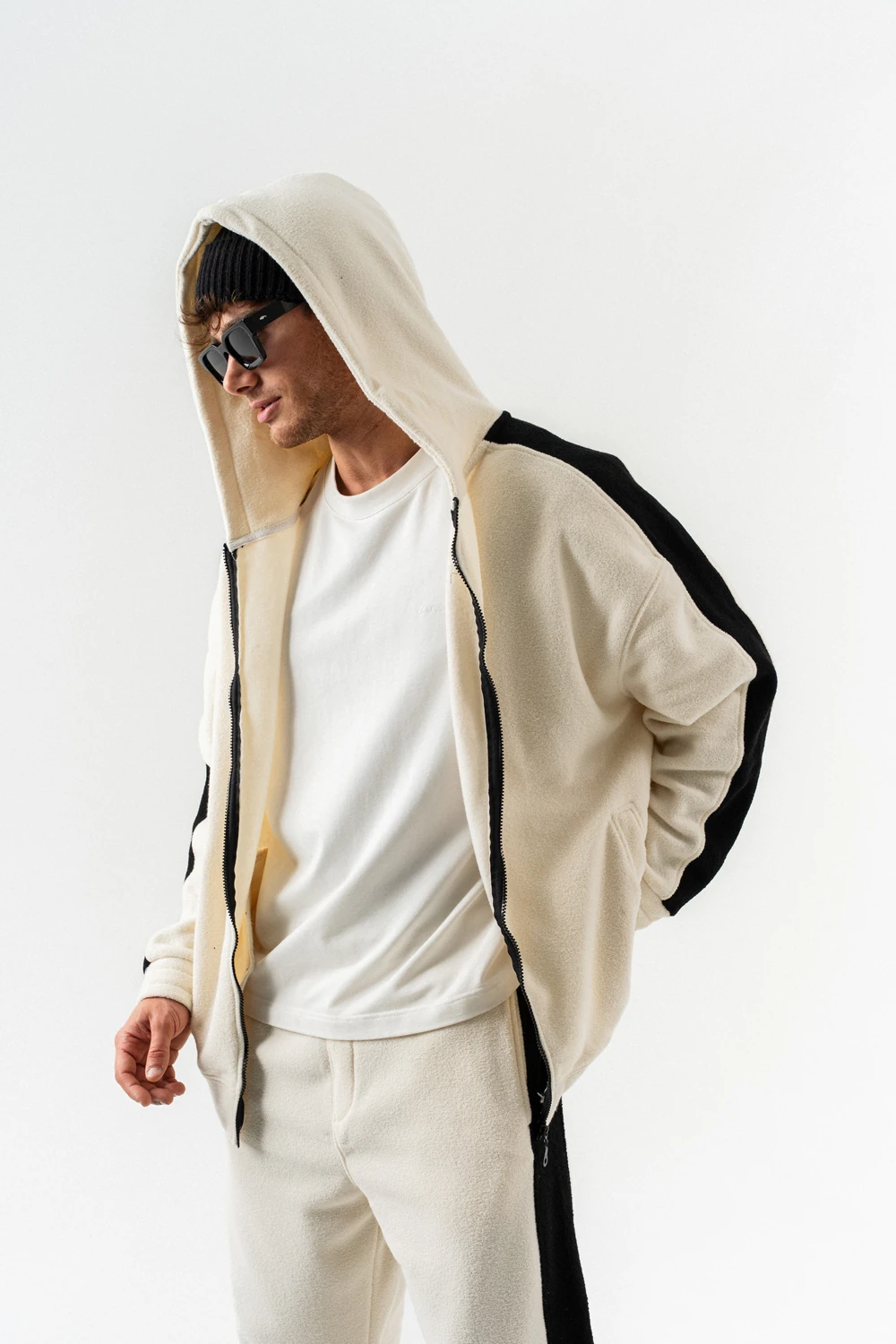 Nova Havlu Kumaş Fermuarlı Sweatshirt Hoodie Eşofman Takımı - Ekru