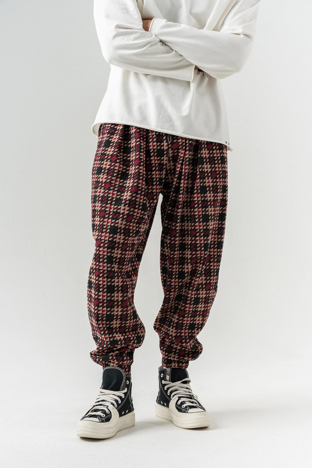 Plaid Bel ve Paça Lastikli Pileli Şalvar