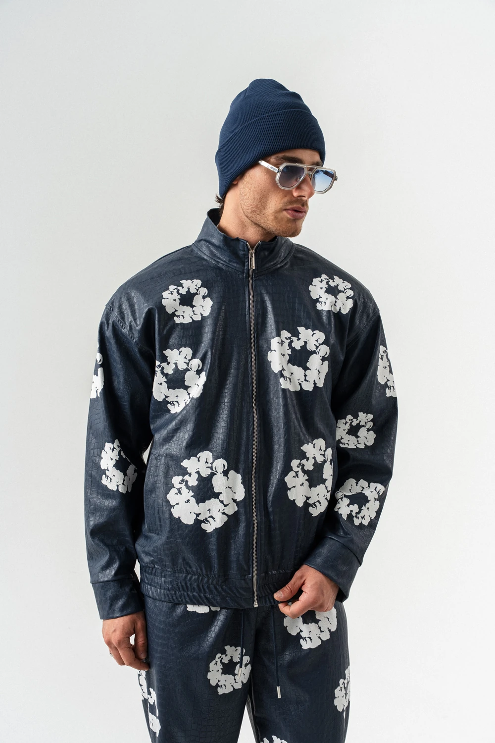 Tear Kabartma Baskı Fermuarlı Deri Alt ve Üst Takım - Lacivert