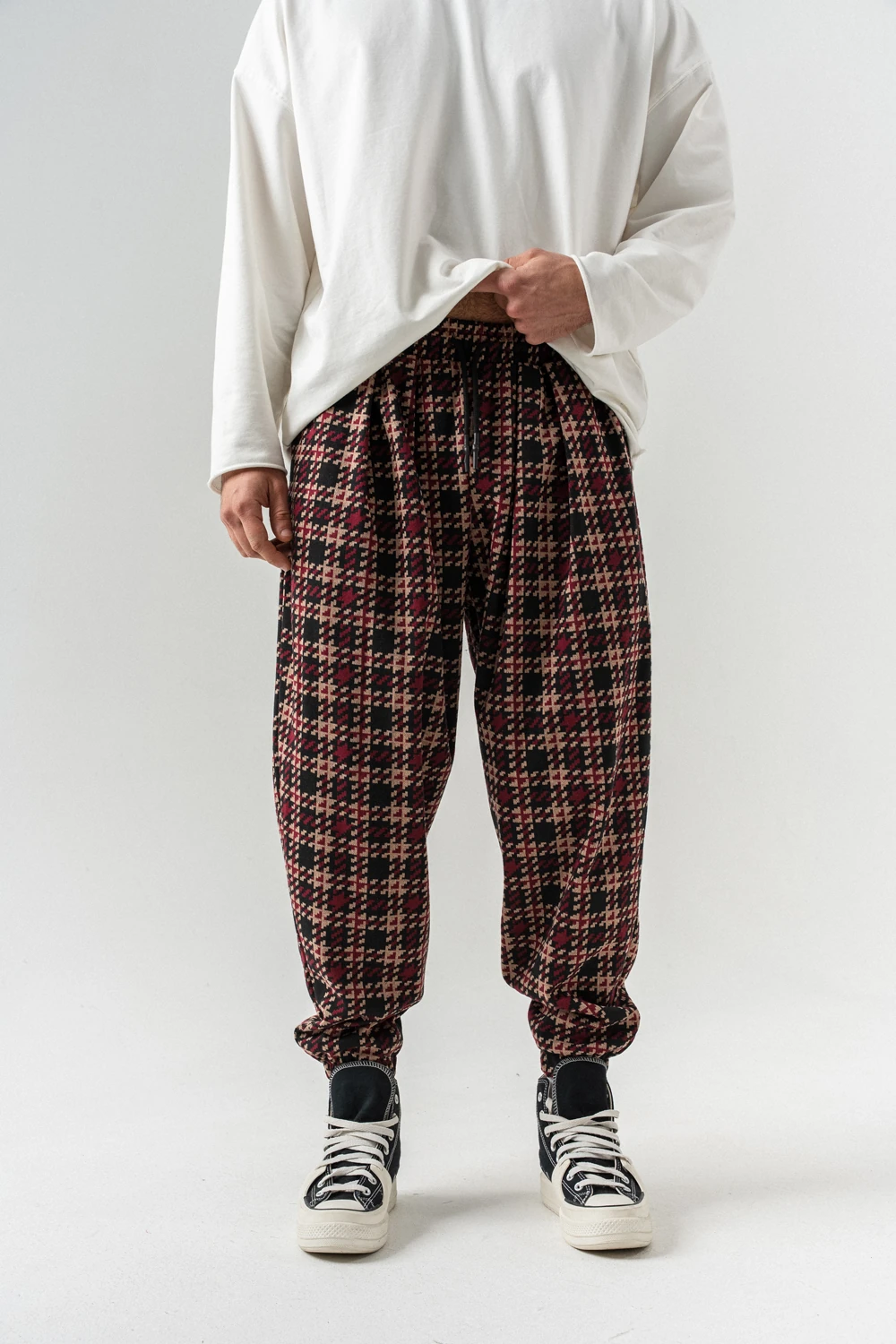 Plaid Bel ve Paça Lastikli Pileli Şalvar - Kırmızı