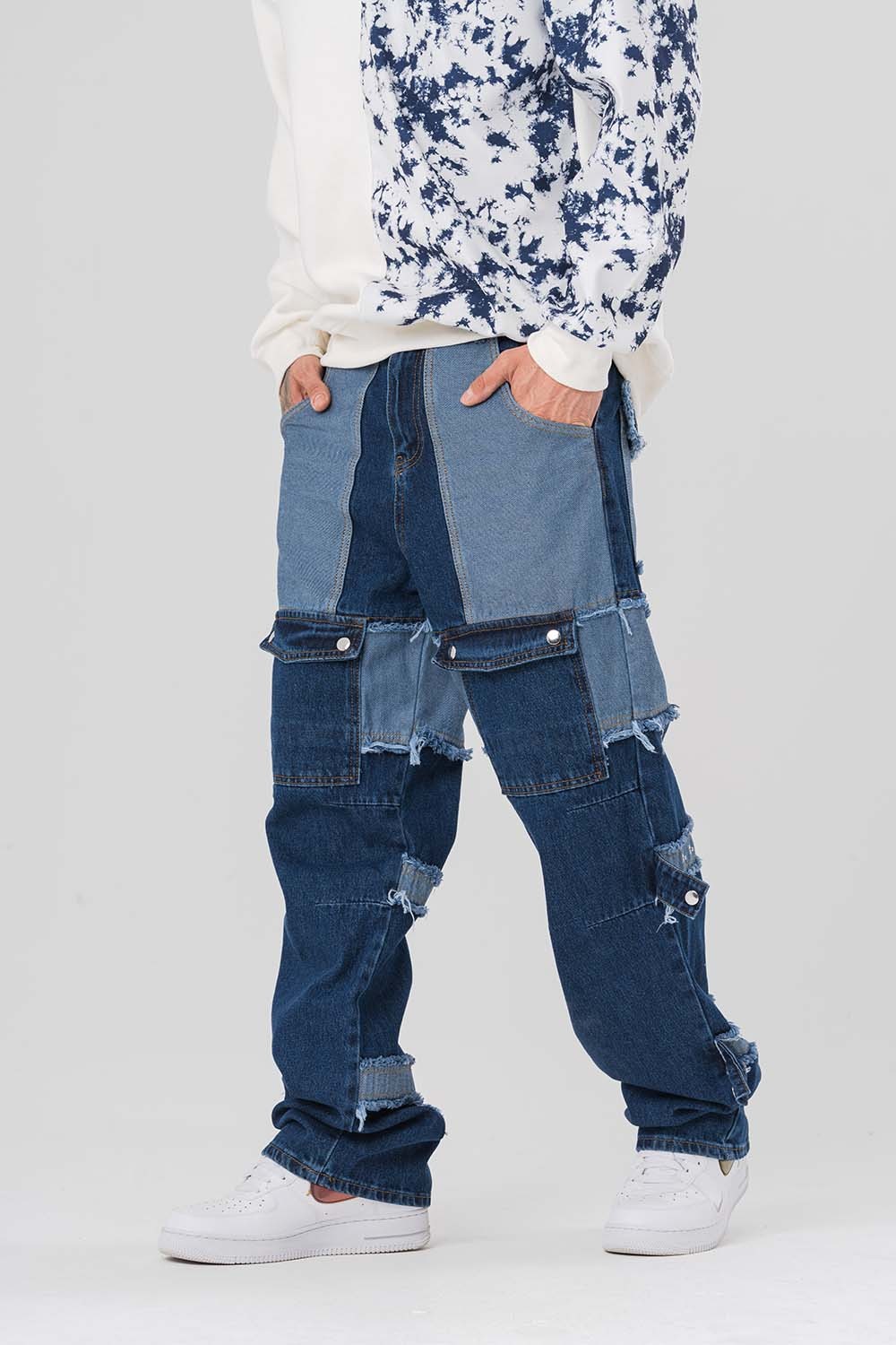 Overalls Patch ve Cep Detaylı Bol Baggy Pantolon - Mavi