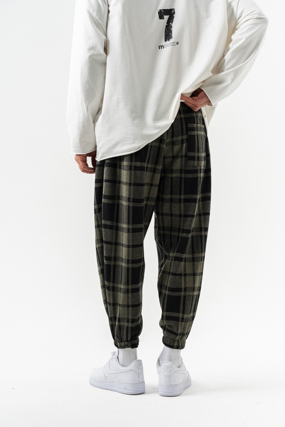 Plaid Bel ve Paça Lastikli Pileli Şalvar