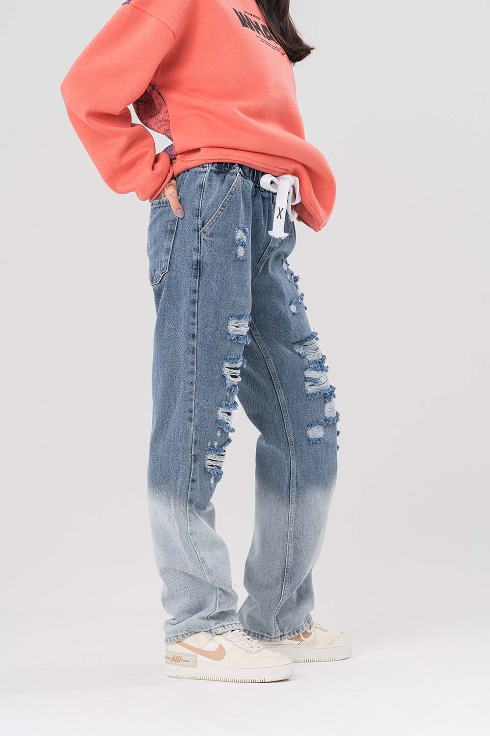 Washed Bel İp Detaylı Yırtık Jean Baggy Pantolon