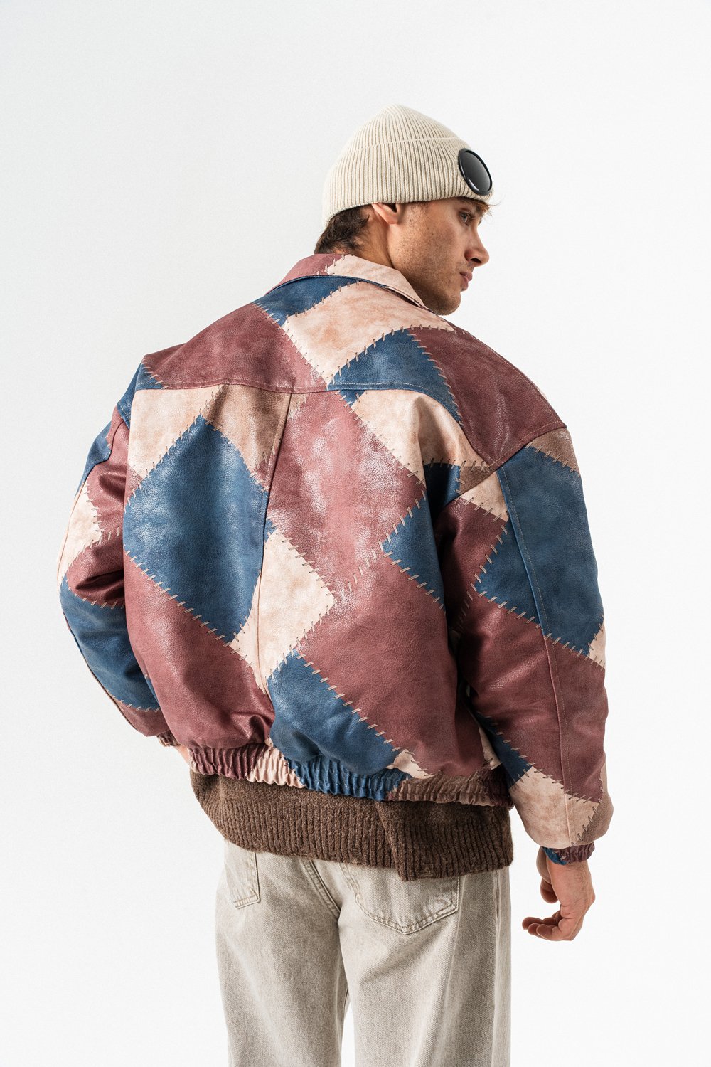 Patch Pattern Dikiş Desenli Deri Bomber Mont