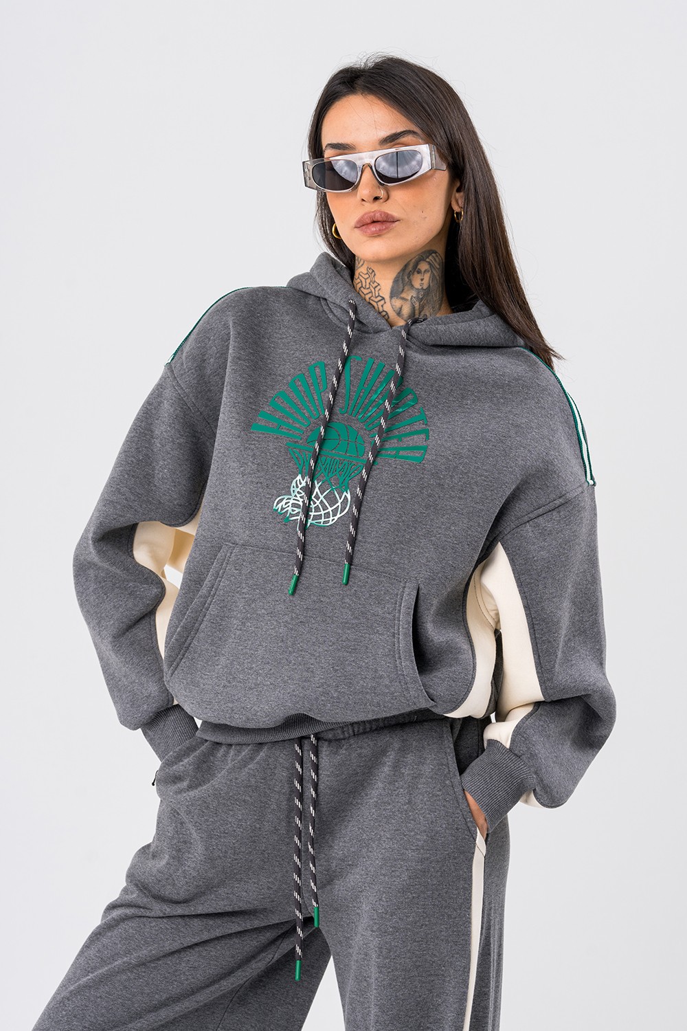 Hoop Şerit Detaylı Kapüşonlu Kadın Sweatshirt - Antrasit