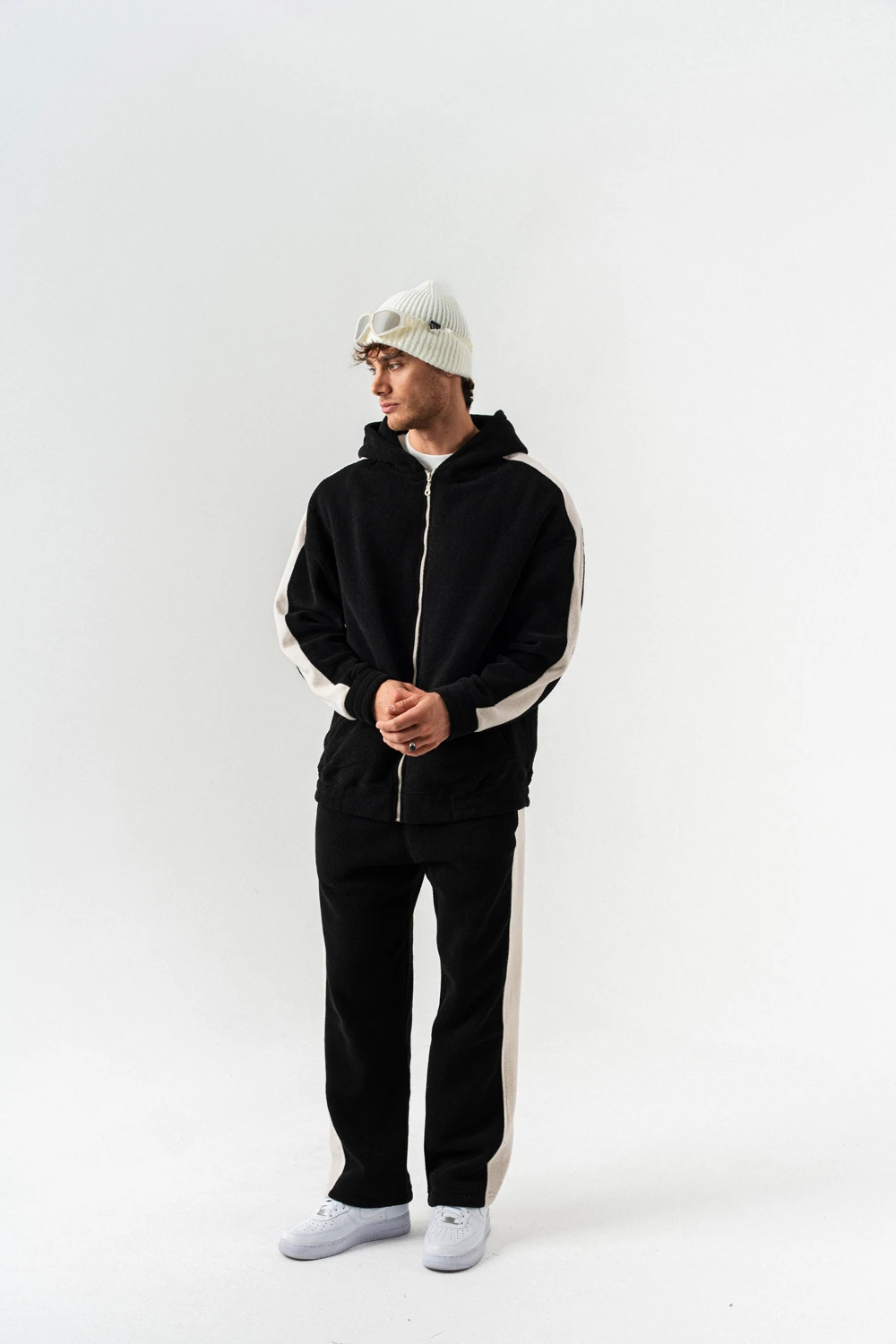 Nova Havlu Kumaş Fermuarlı Sweatshirt Hoodie Eşofman Takımı - Siyah