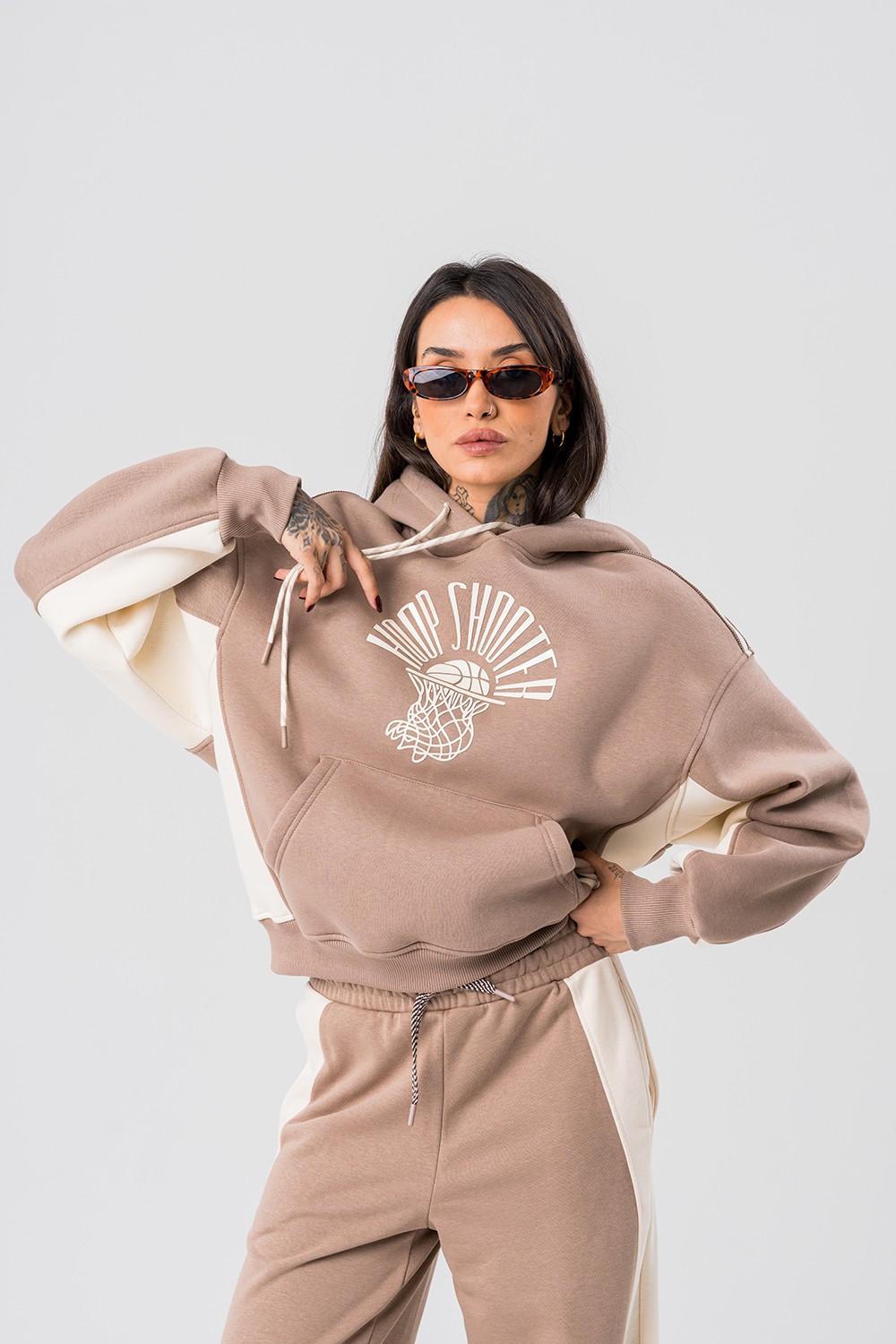 Hoop Şerit Detaylı Kapüşonlu Kadın Sweatshirt - Bronz