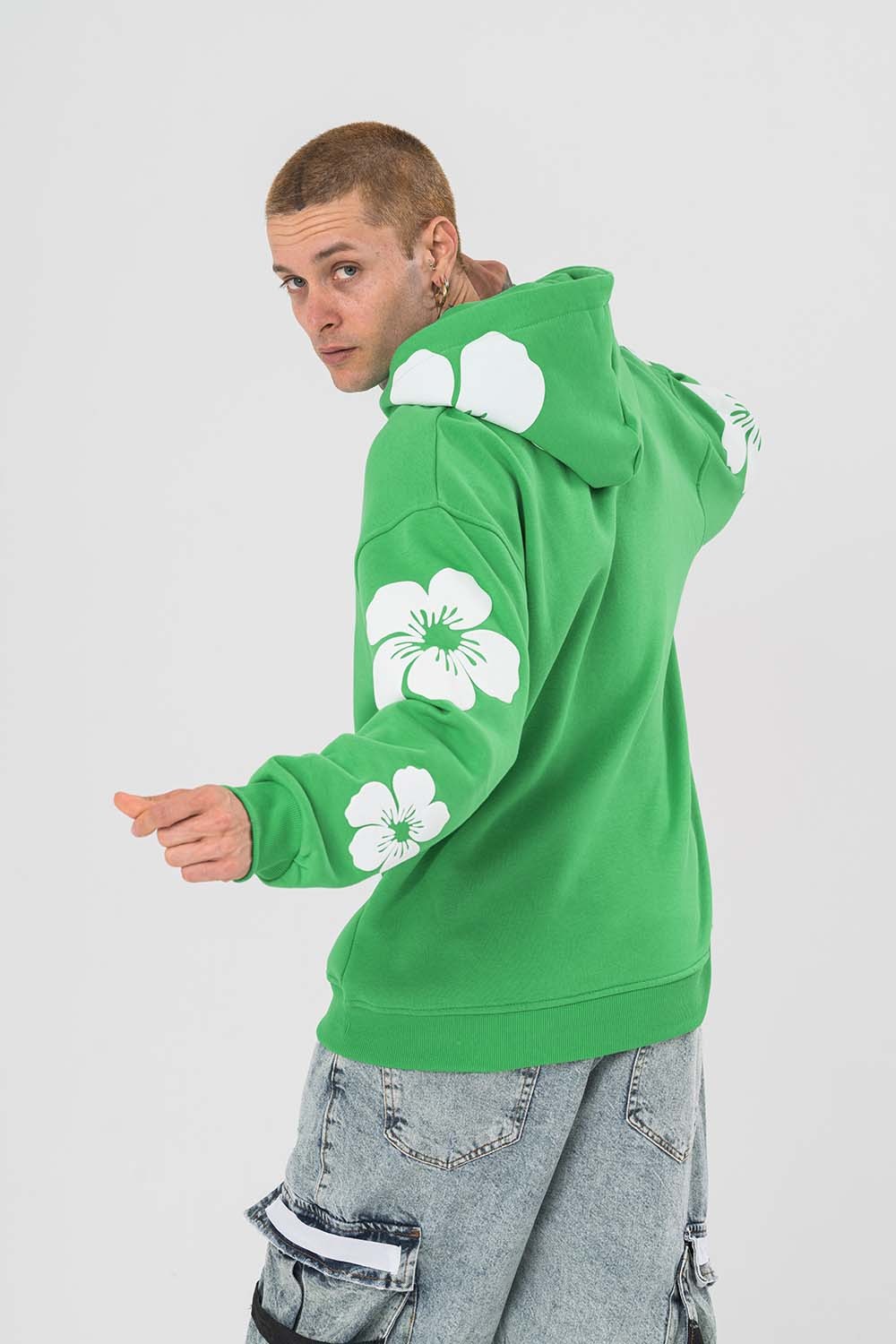Flowers Kabartma Baskılı Şardonlu Kapüşonlu Sweatshirt