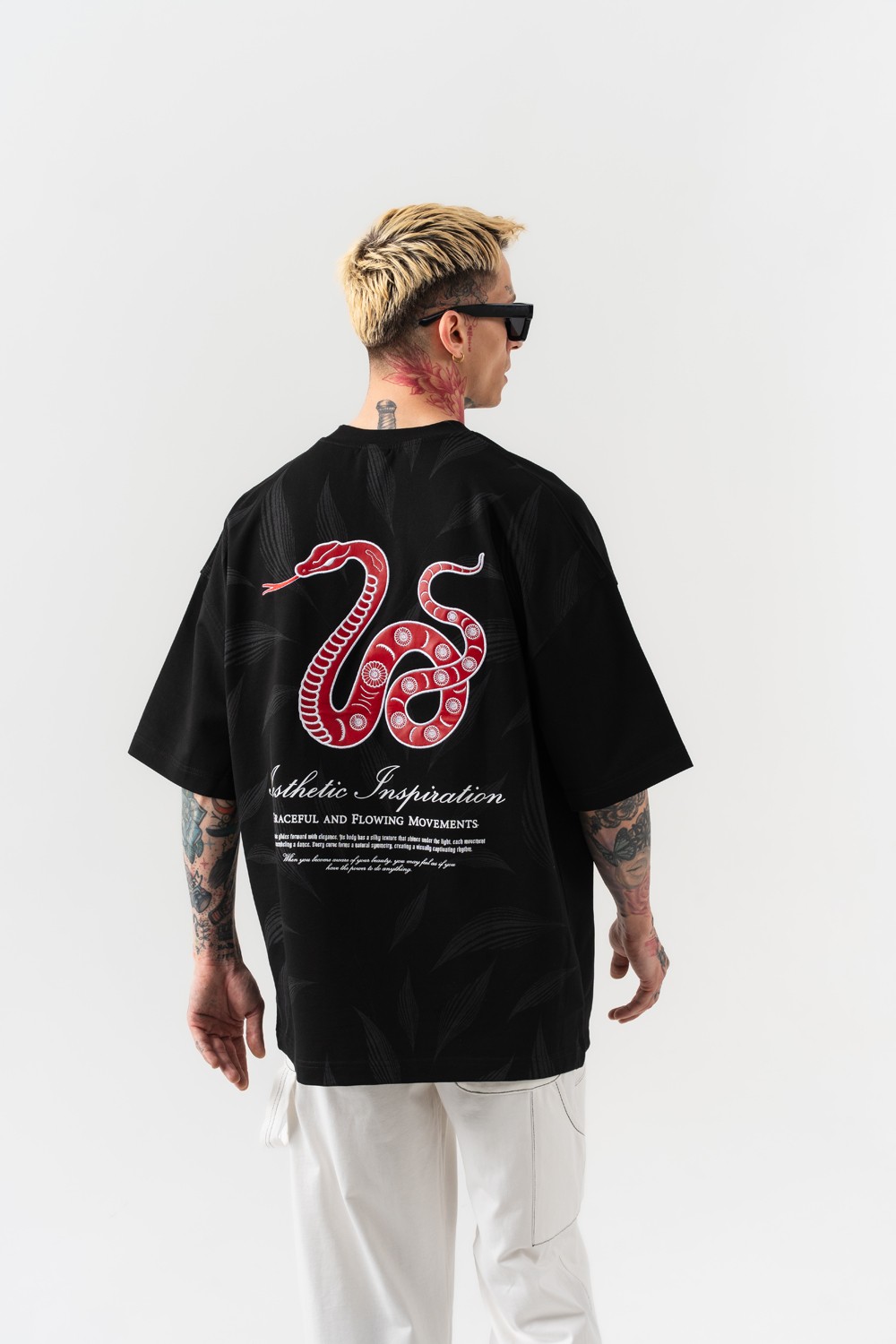 Snake Nakış Detaylı Oversize T-shirt - Siyah