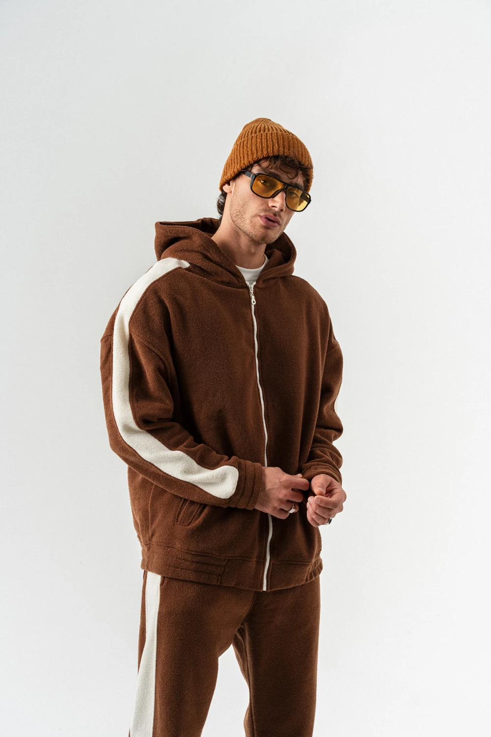 Nova Havlu Kumaş Fermuarlı Sweatshirt Hoodie Eşofman Takımı - Kahverengi