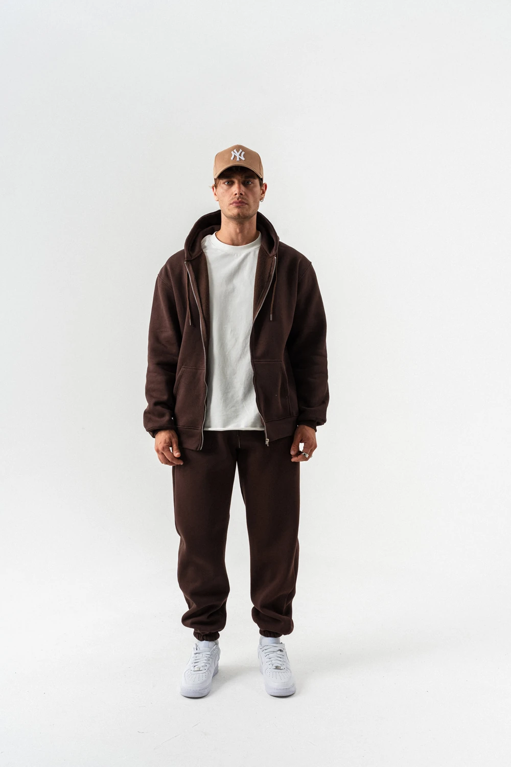 Fynor Fermuarlı Sweatshirt Hoodie ve Jogger Eşofman Takımı - Kahverengi