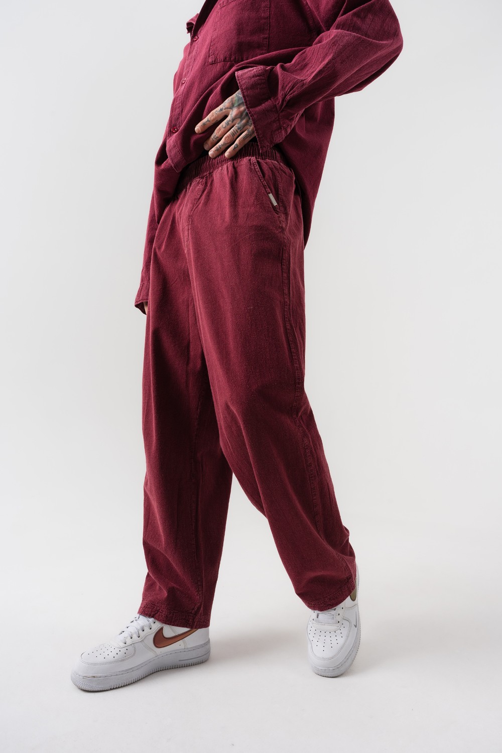 Low Wash Bel Lastikli Yıkamalı Baggy Keten Pantolon