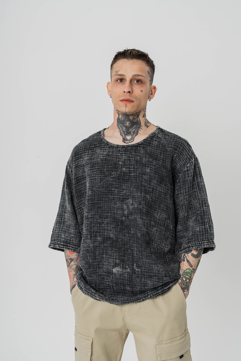 Screen Yıkamalı Keten Kumaş Oversize T-shirt