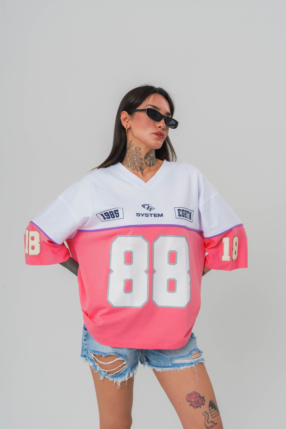 Eighty-Eight V Yaka Oversize T-shirt - Pembe