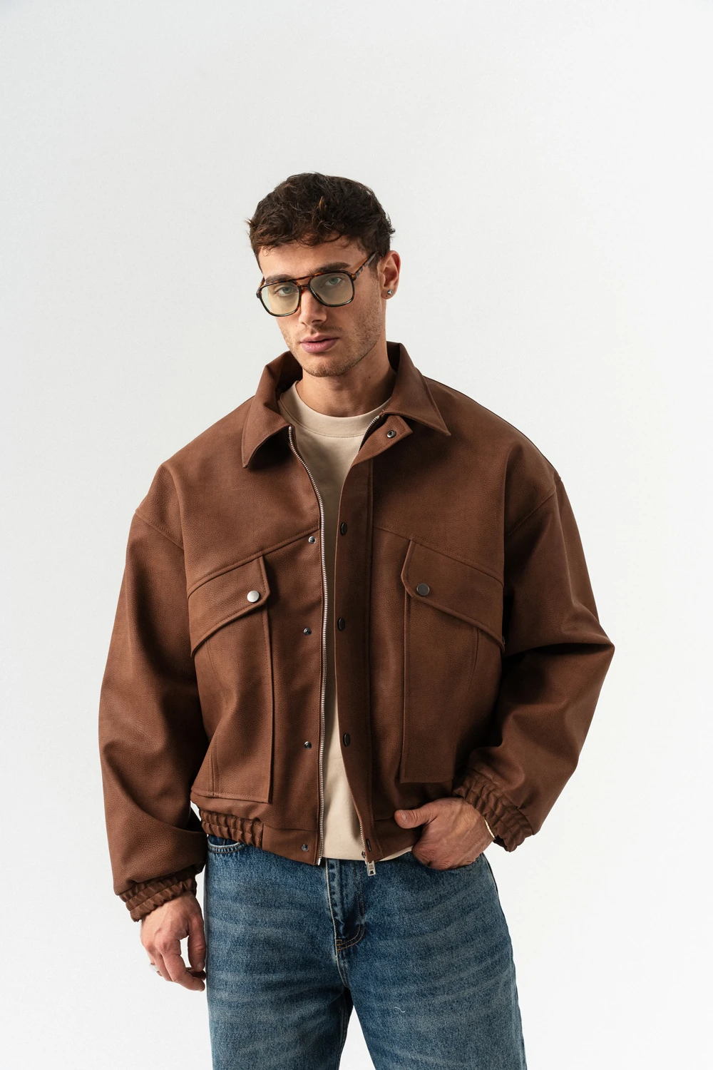 Urban Pocket Fermuar ve Cep Detaylı Deri Mont - Kahverengi