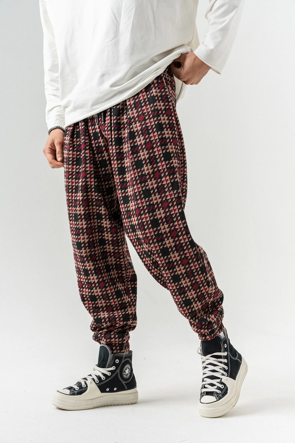 Plaid Bel ve Paça Lastikli Pileli Şalvar