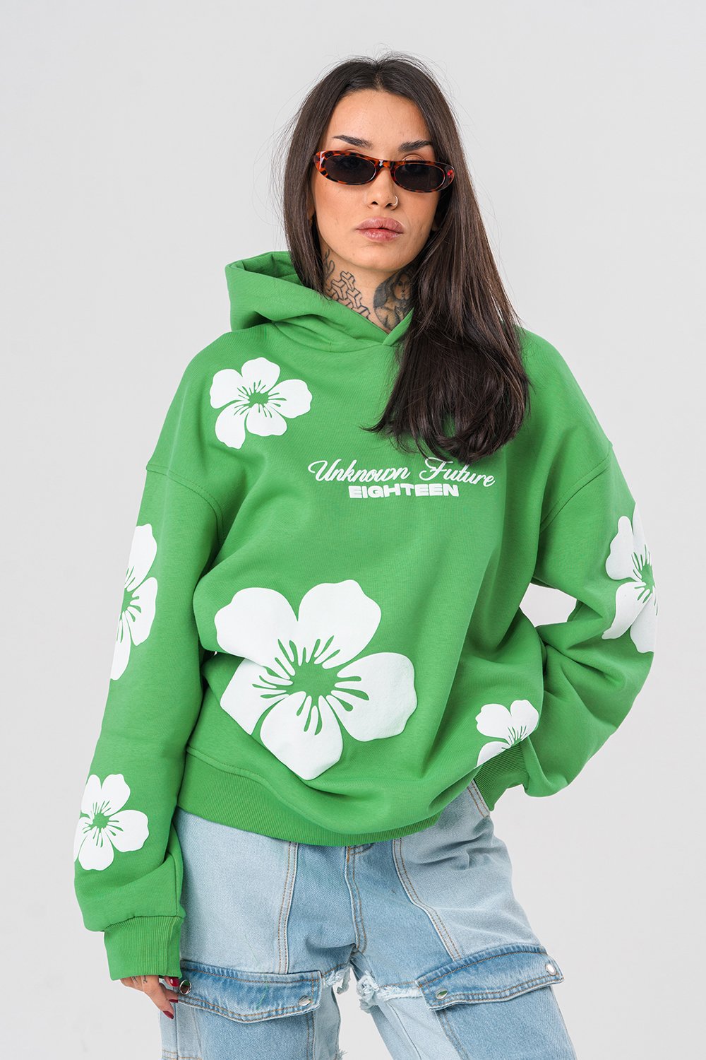 Flowers Kabartma Baskılı Şardonlu Kapüşonlu Sweatshirt