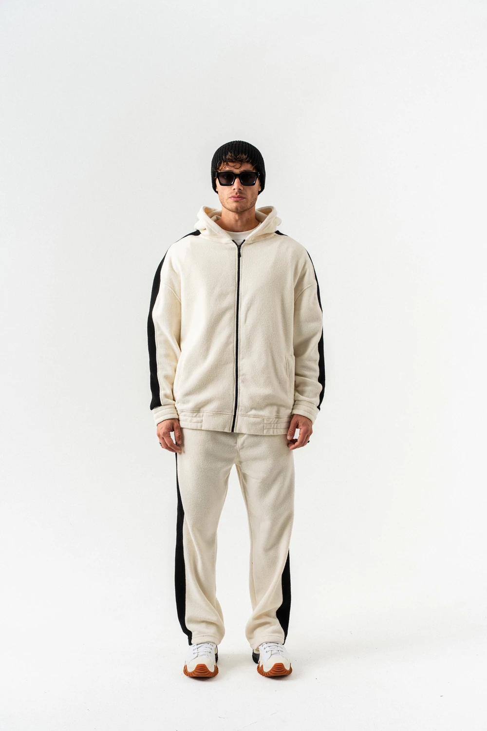 Nova Havlu Kumaş Fermuarlı Sweatshirt Hoodie Eşofman Takımı - Ekru