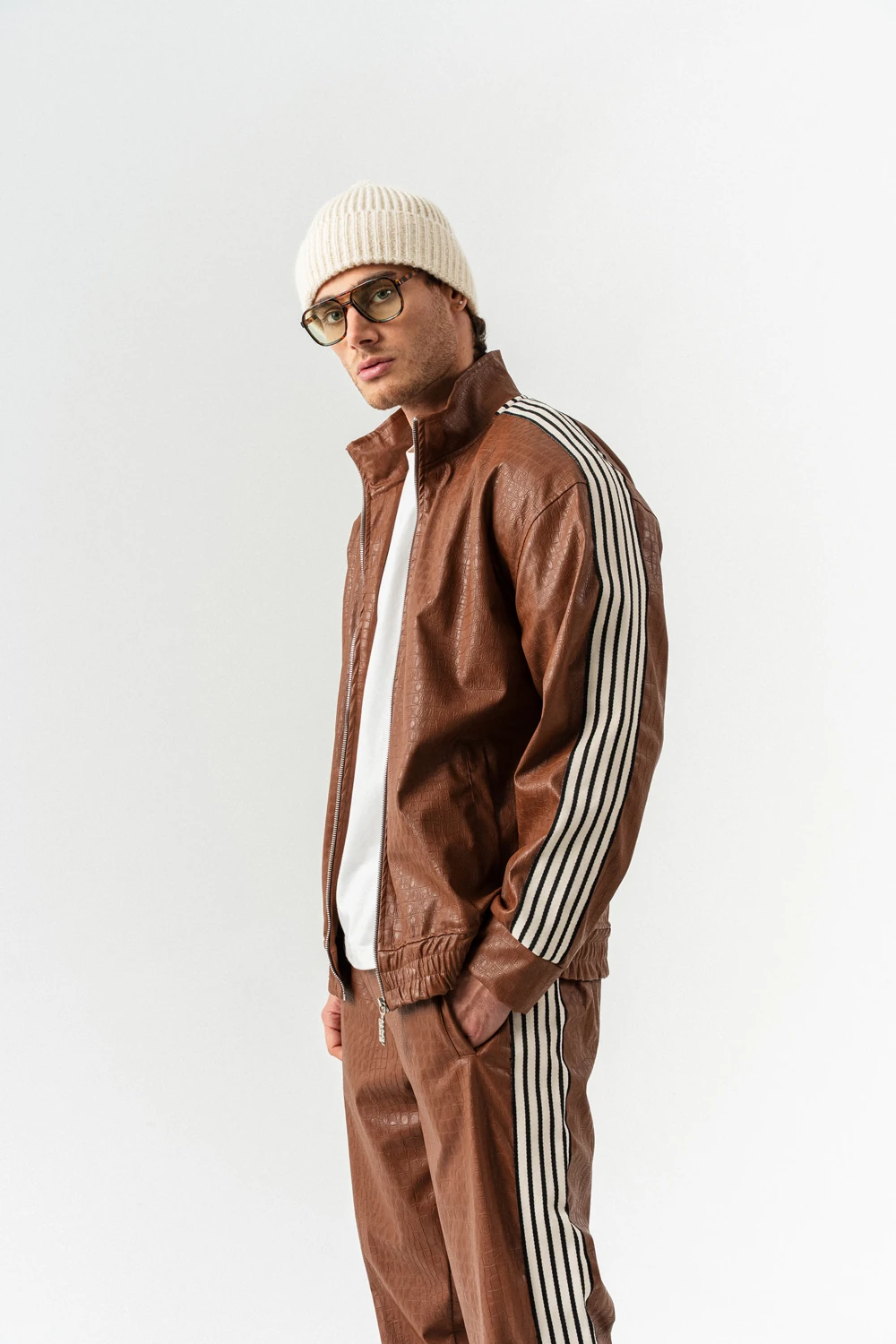 Aerlume Fermuarlı Deri Alt ve Üst Takım - Kahverengi