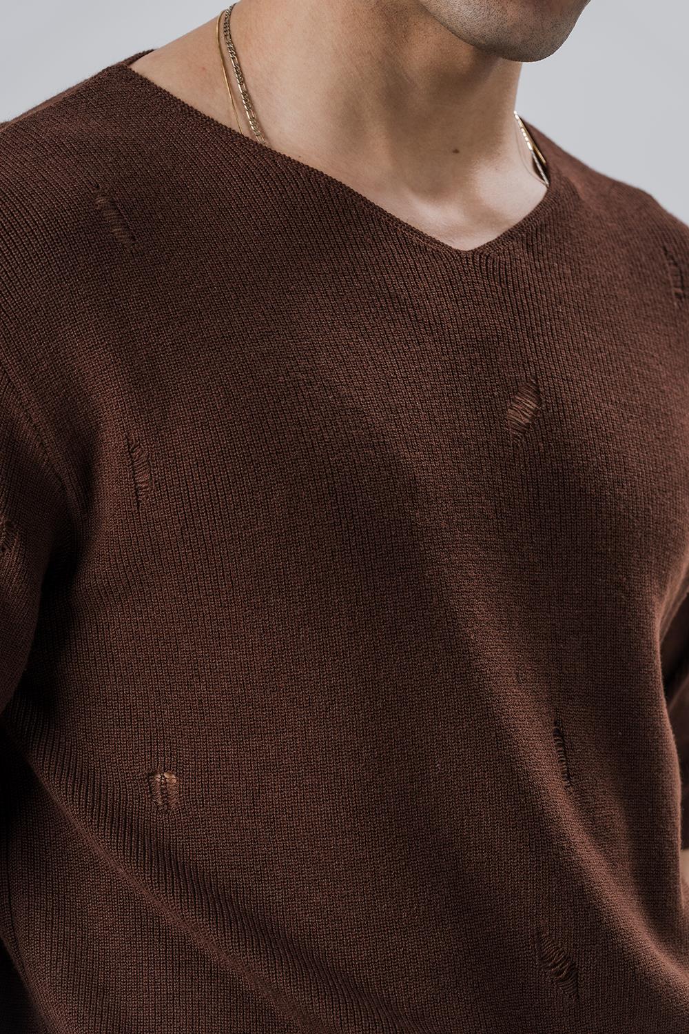 Riccardo Kahve Sökme Detay V Yaka Triko T-shirt