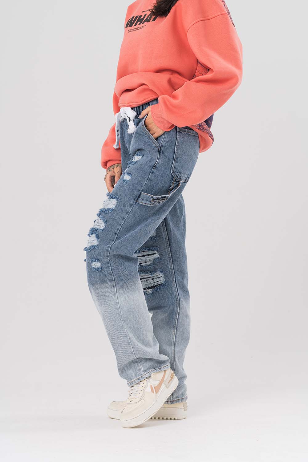 Washed Bel İp Detaylı Yırtık Jean Baggy Pantolon