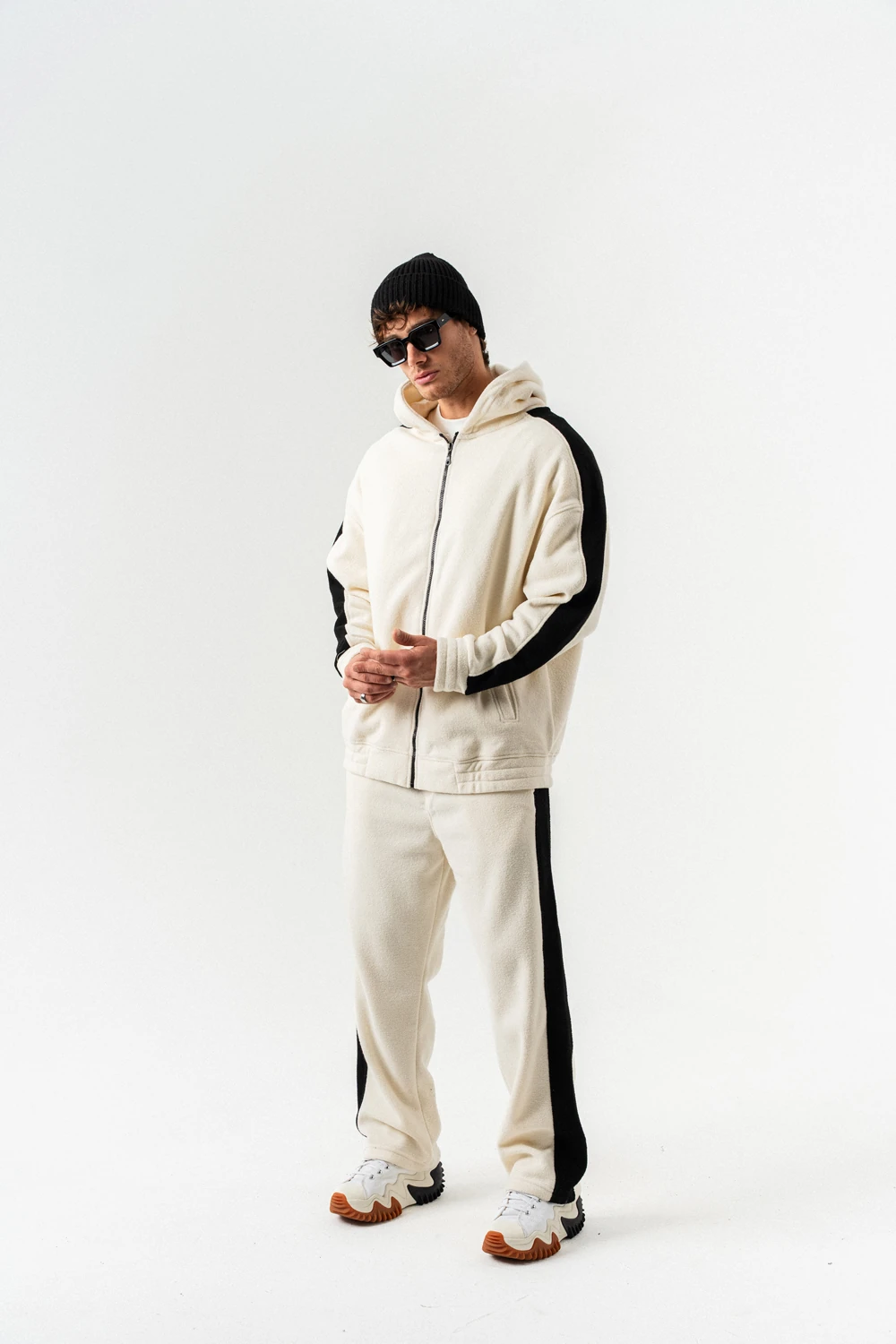 Nova Havlu Kumaş Fermuarlı Sweatshirt Hoodie Eşofman Takımı - Ekru