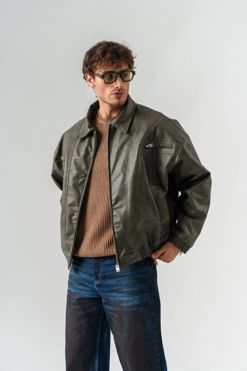 Blendcore Fermuar ve Cep Detaylı Deri Mont - Haki