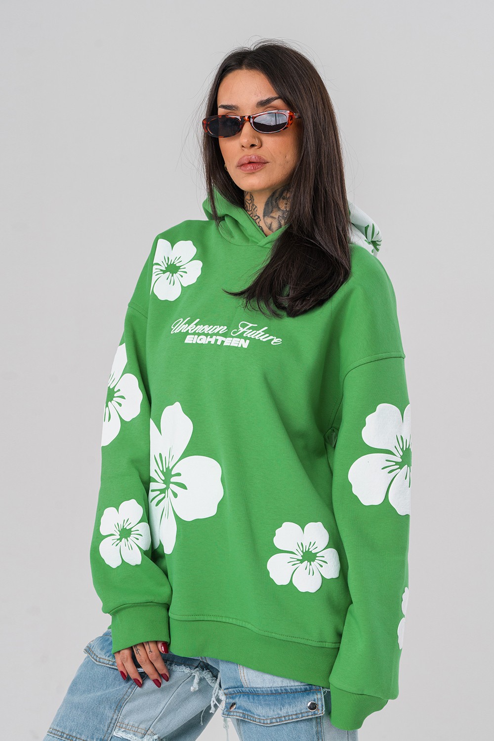 Flowers Kabartma Baskılı Şardonlu Kapüşonlu Sweatshirt