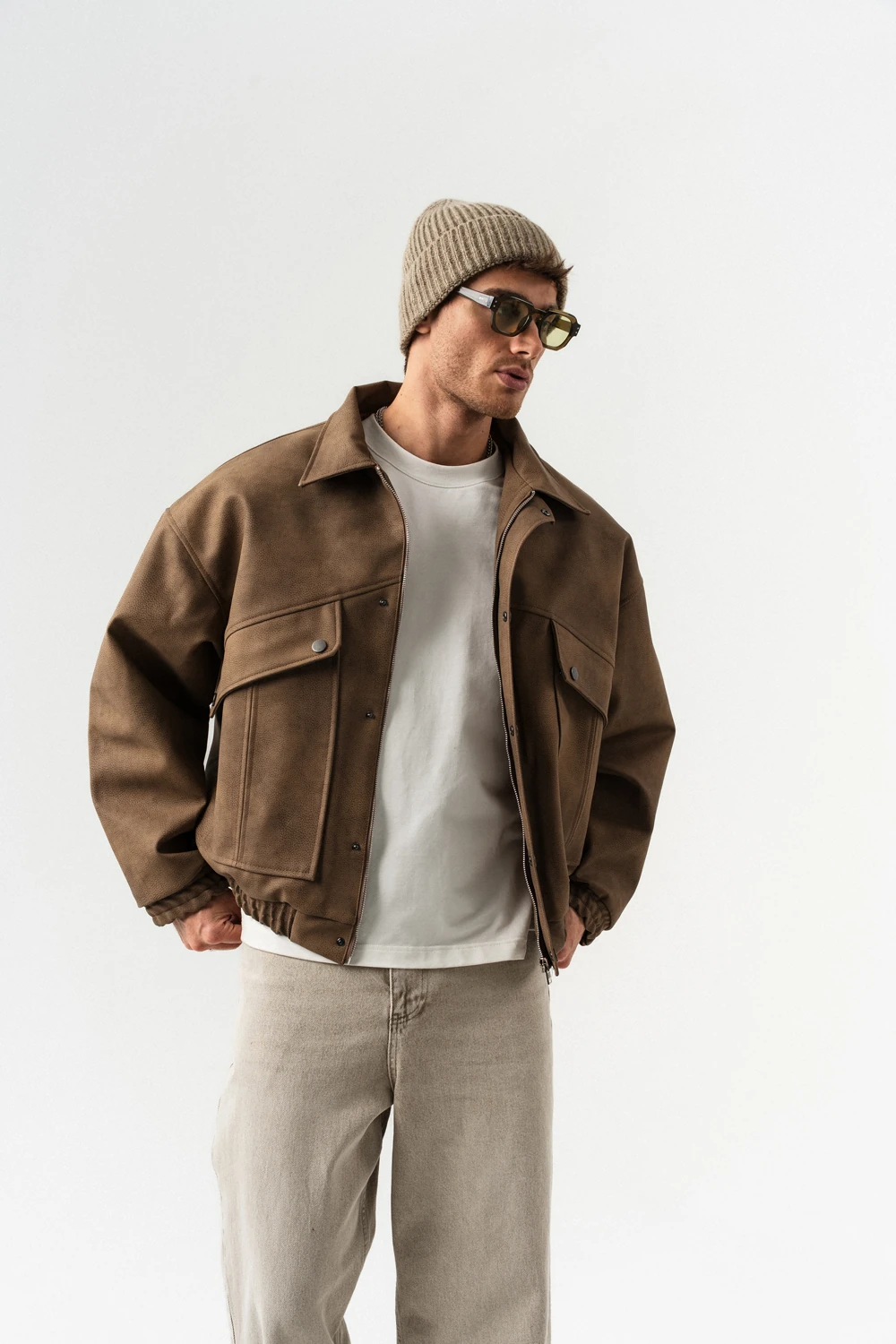 Urban Pocket Fermuar ve Cep Detaylı Deri Mont - Vizon