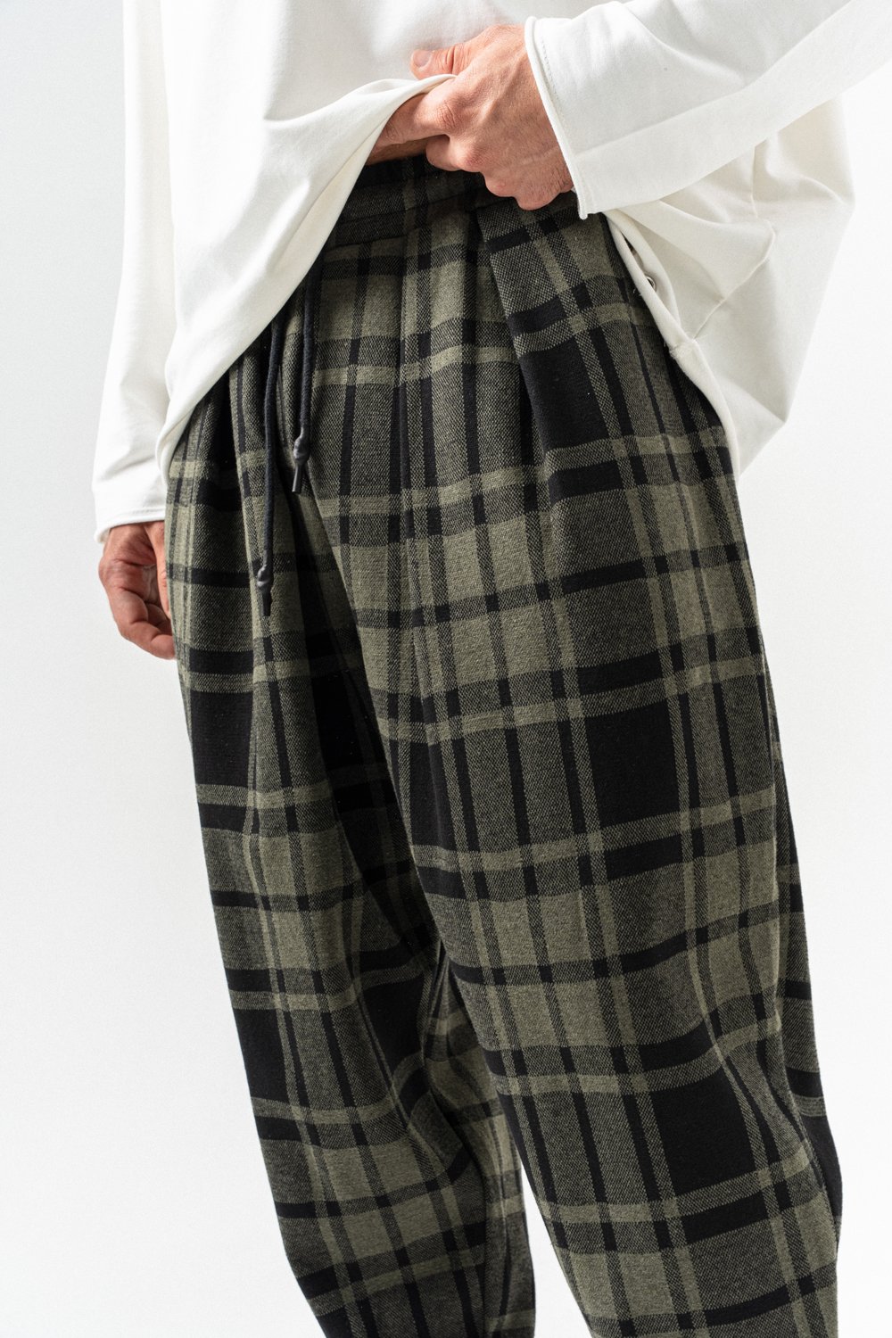 Plaid Bel ve Paça Lastikli Pileli Şalvar
