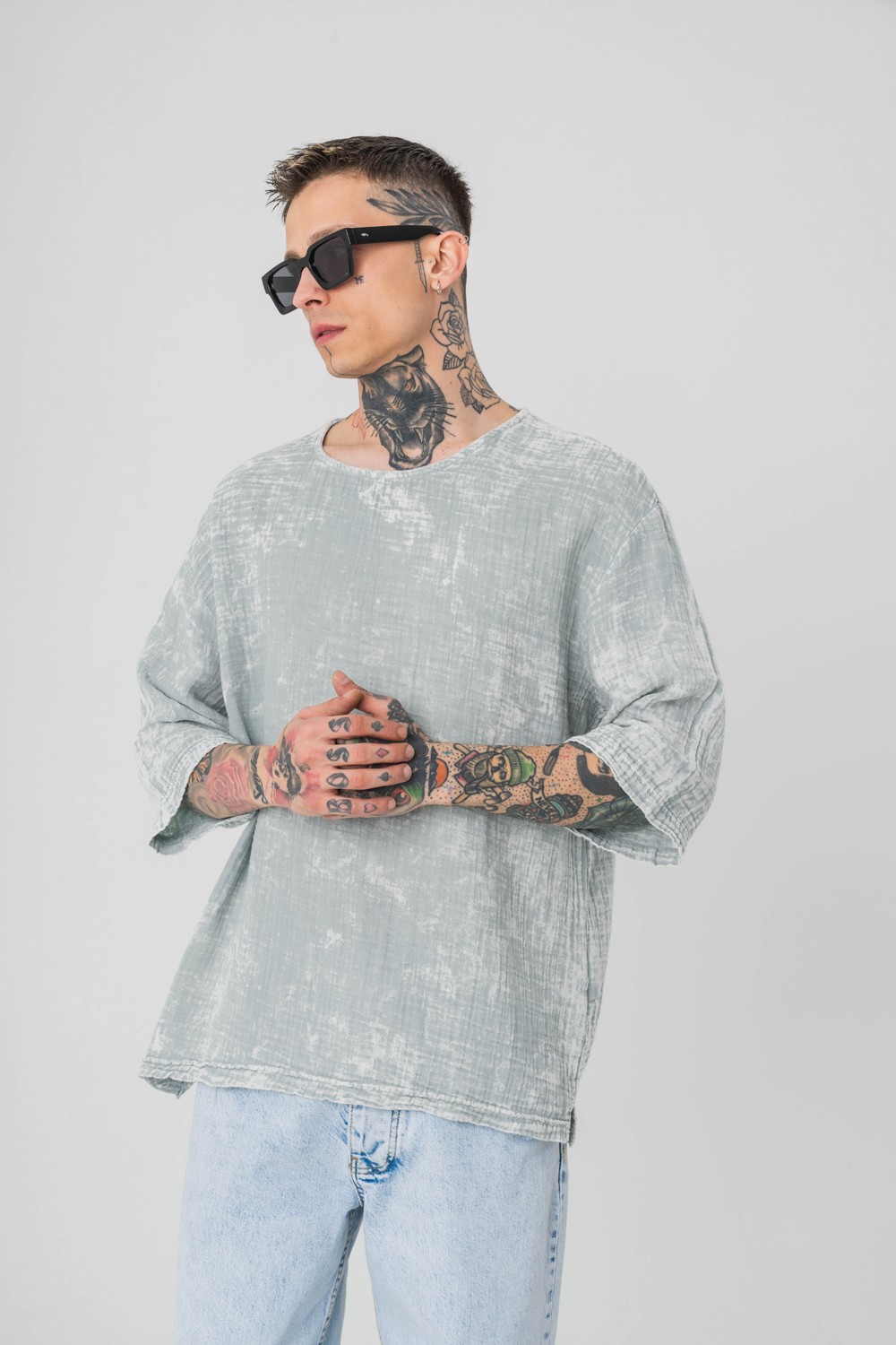 Screen Yıkamalı Keten Kumaş Oversize T-shirt