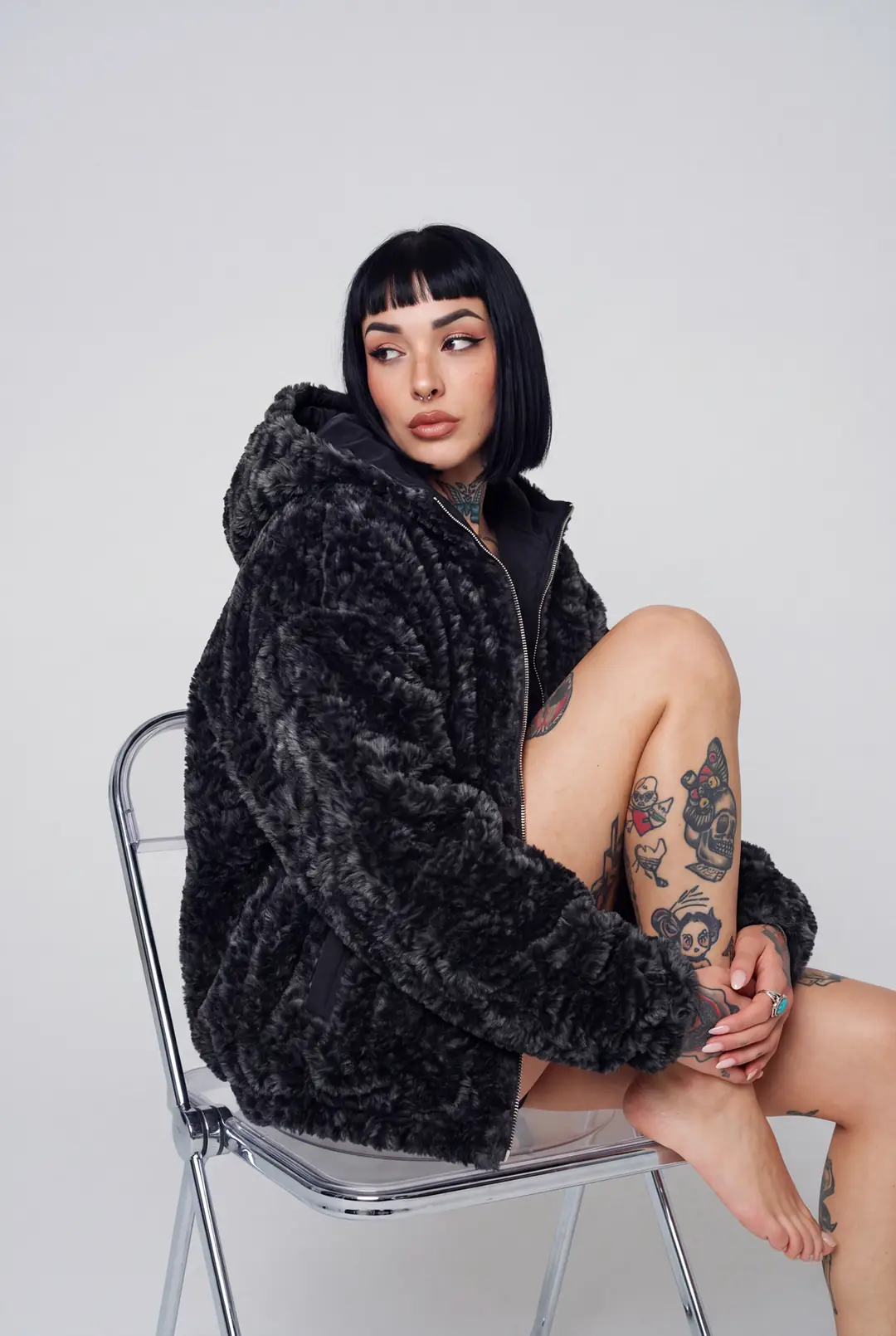 Fleece Kırçıllı Desenli Fermuarlı Peluş Mont