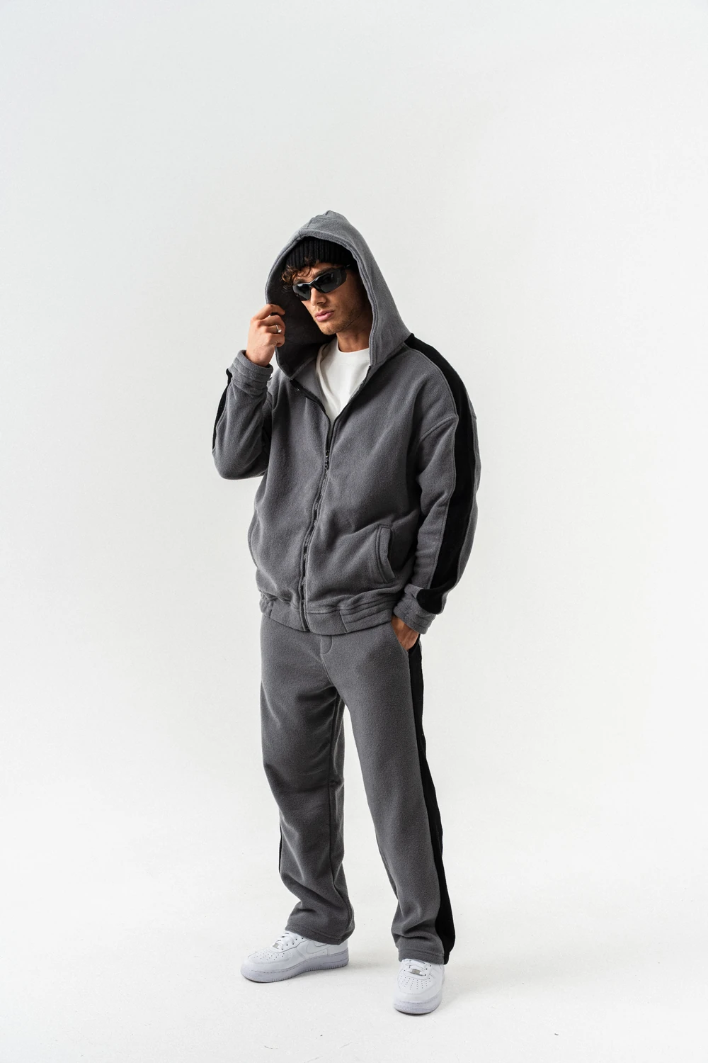 Nova Havlu Kumaş Fermuarlı Sweatshirt Hoodie Eşofman Takımı - Antrasit