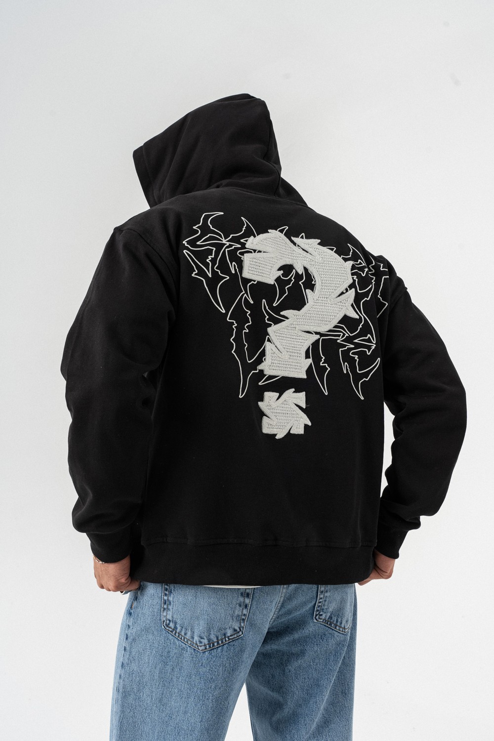Micdrop Kabartma Baskı Fermuarlı Sweatshirt Hoodie - Siyah