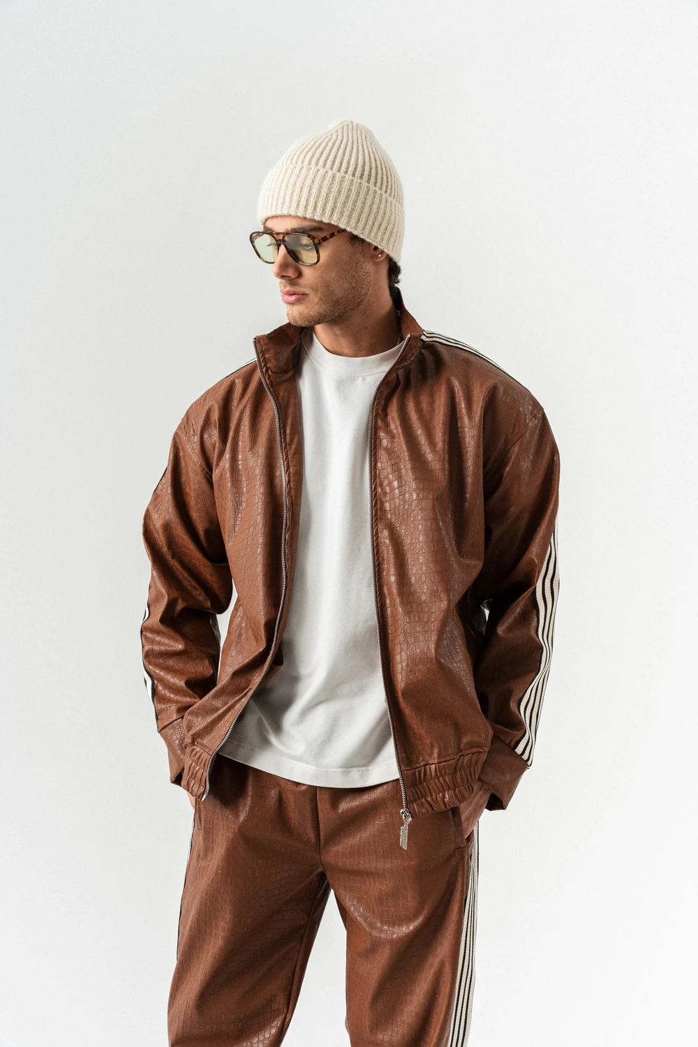 Aerlume Fermuarlı Deri Alt ve Üst Takım - Kahverengi